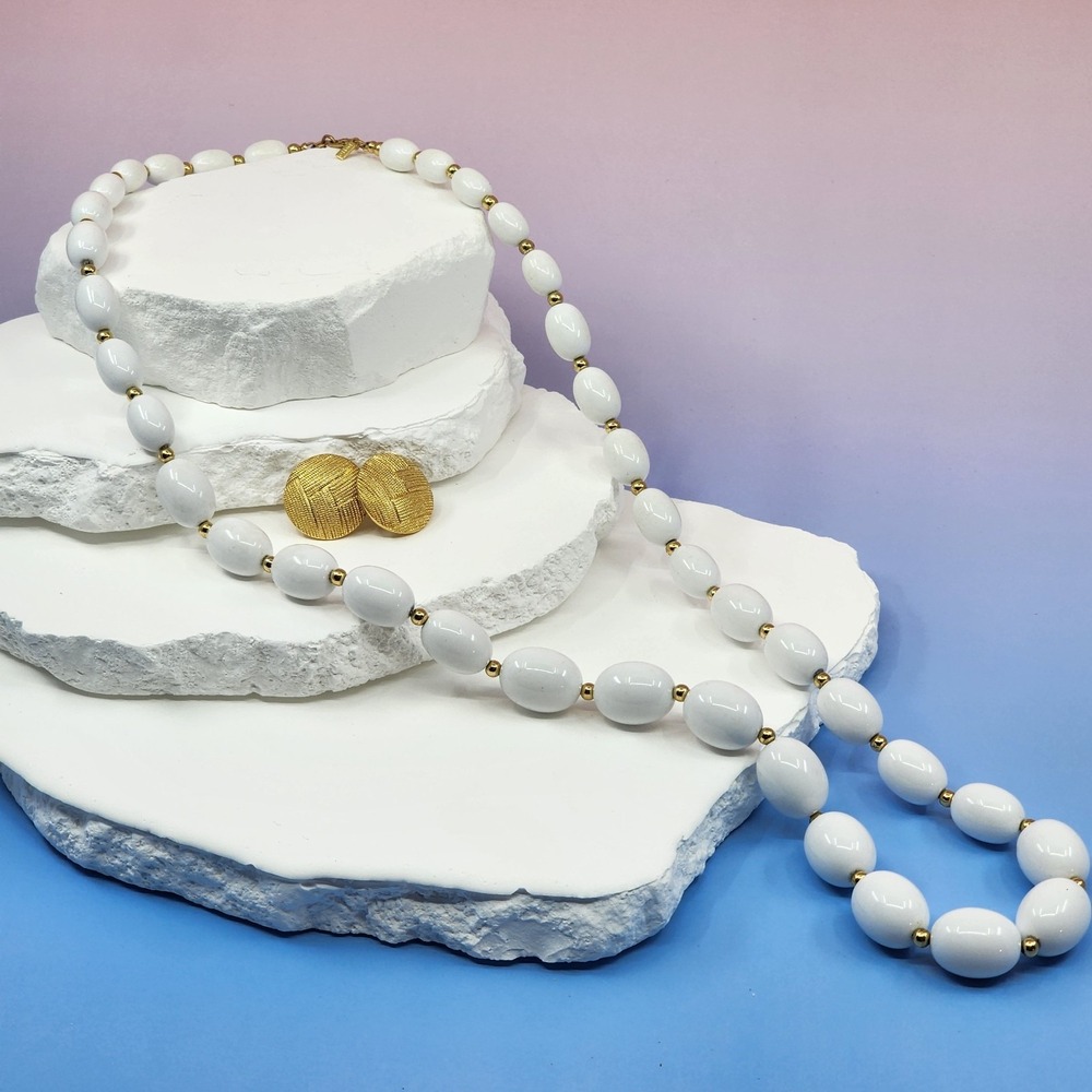 Monet White Oval Bead Necklace & Gold Tone Textured Earrings Vintage Jewelry Set